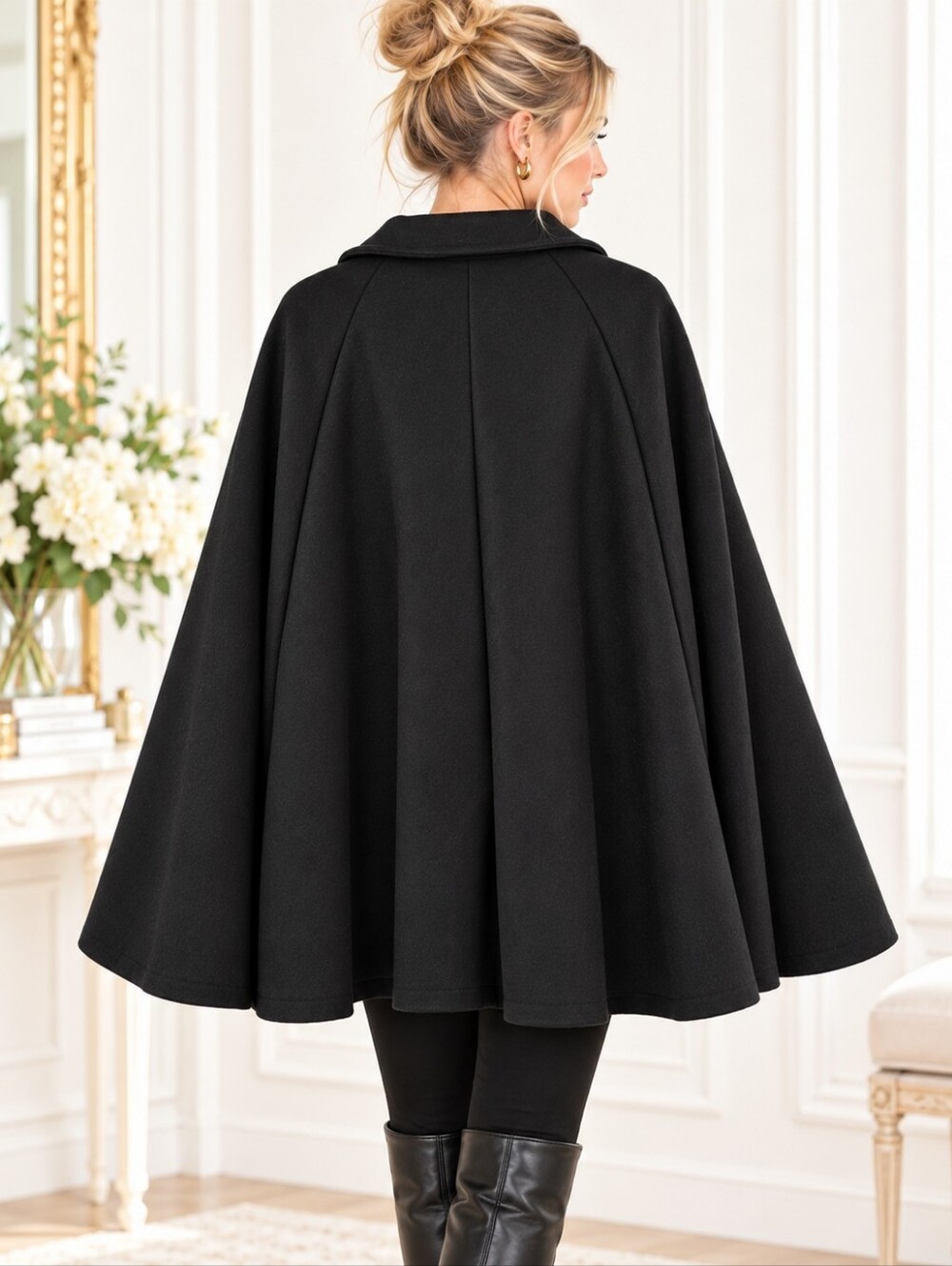 Black Double Breasted Cape Coat Poncho Quiet Luxury | Plus Size XXL - Picture 2 of 9